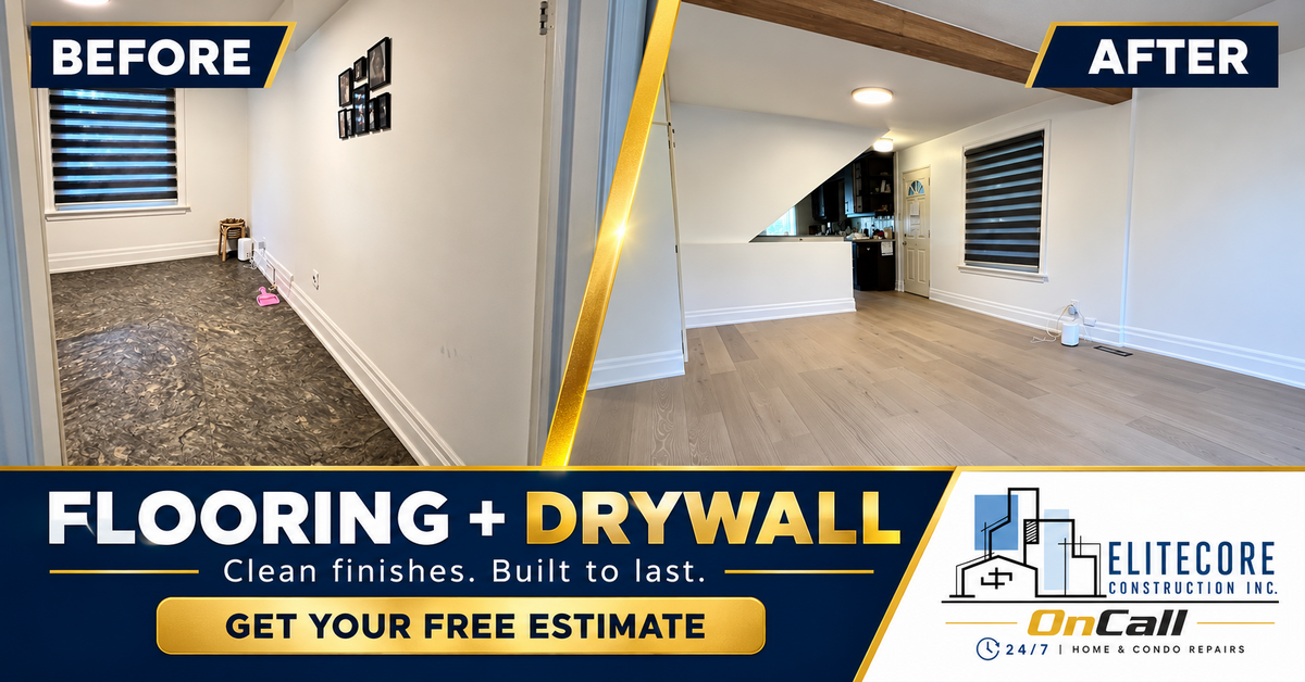 Flooring and drywall repair before and after